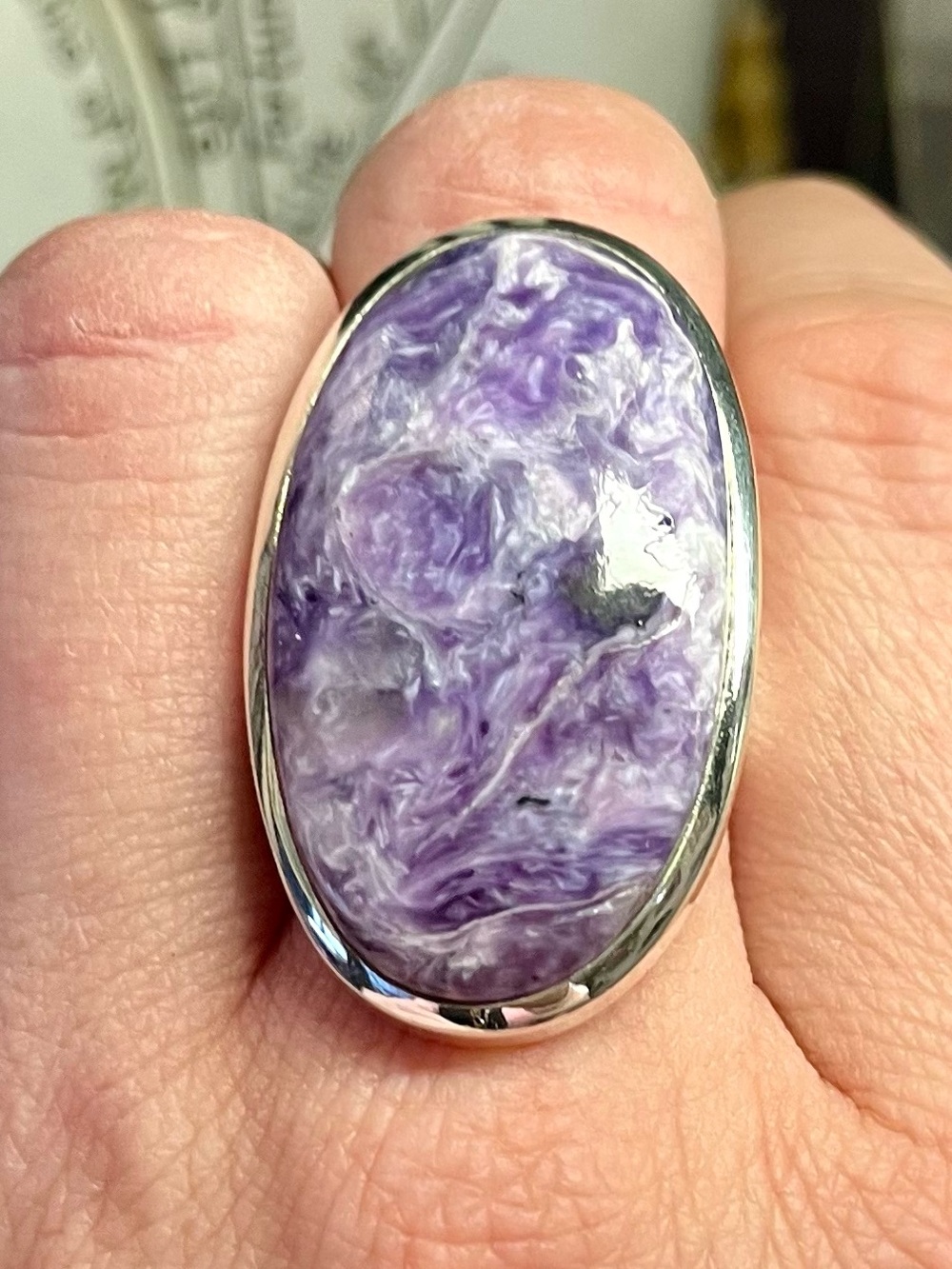 Charoite 8.5 ring 925 Silver purple gemstone Siberian 38x20mm